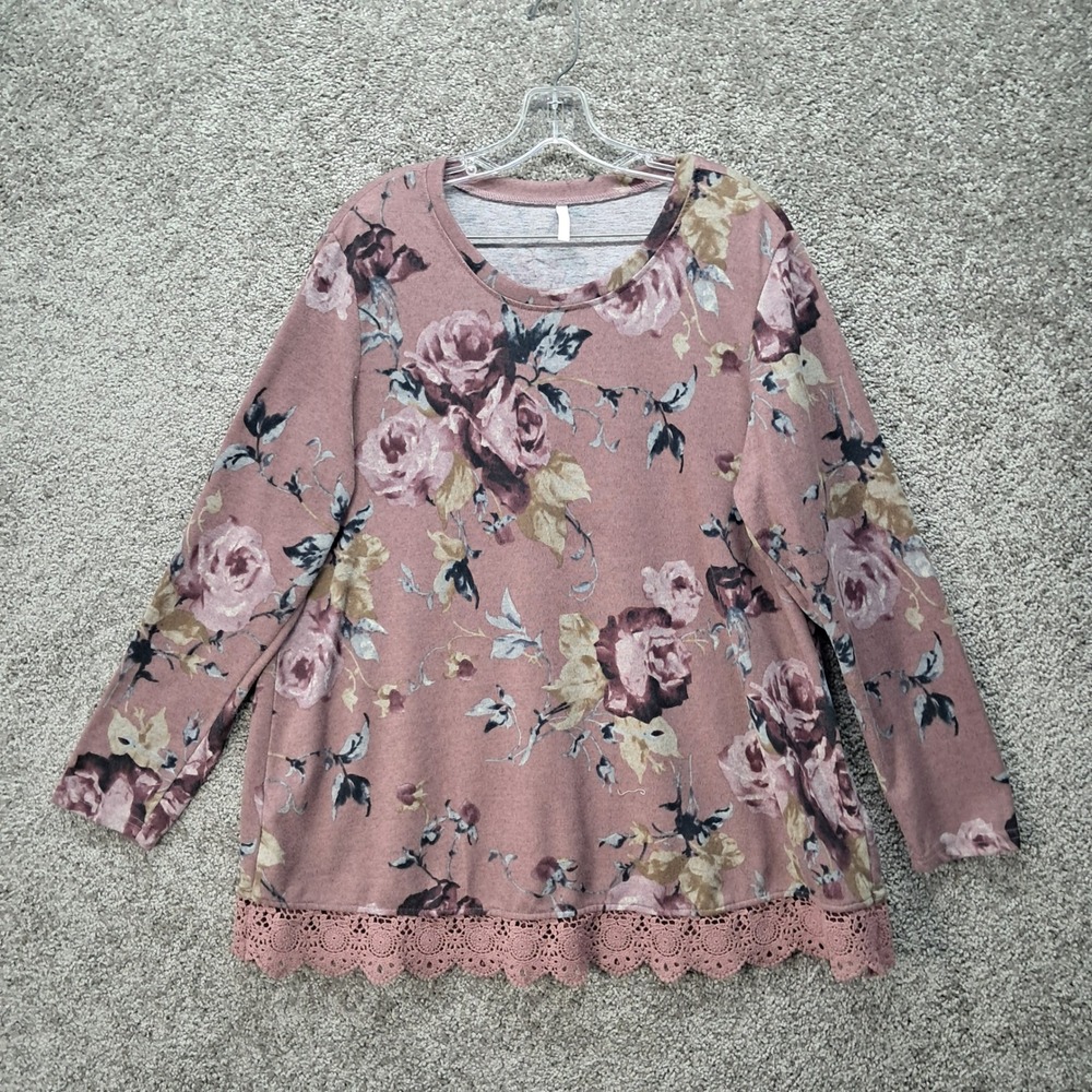 Netsmile Womens XL Mauve Floral Long Sleeve Crochet Lace Trim Knit Top